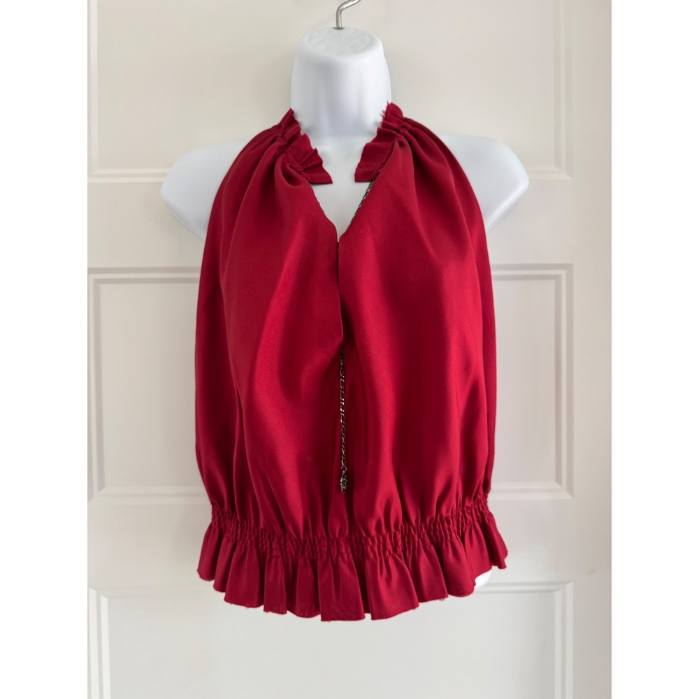 Joie Red 100% Silk Halter Top Chain Detail Smocked Waist Ruffle Hem Small